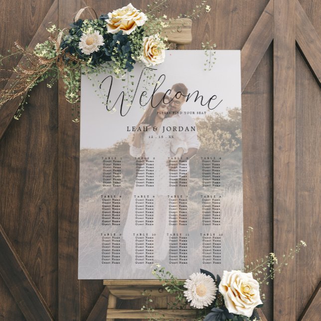 Elegant Calligraphy Photo Wedding Seating Chart Foam Board (Rustic Calligraphy Photo Wedding Seating Chart)