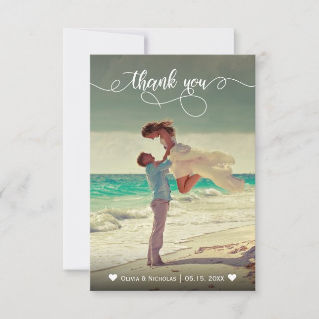 Elegant Calligraphy Photo Wedding Thank You Card (Front)