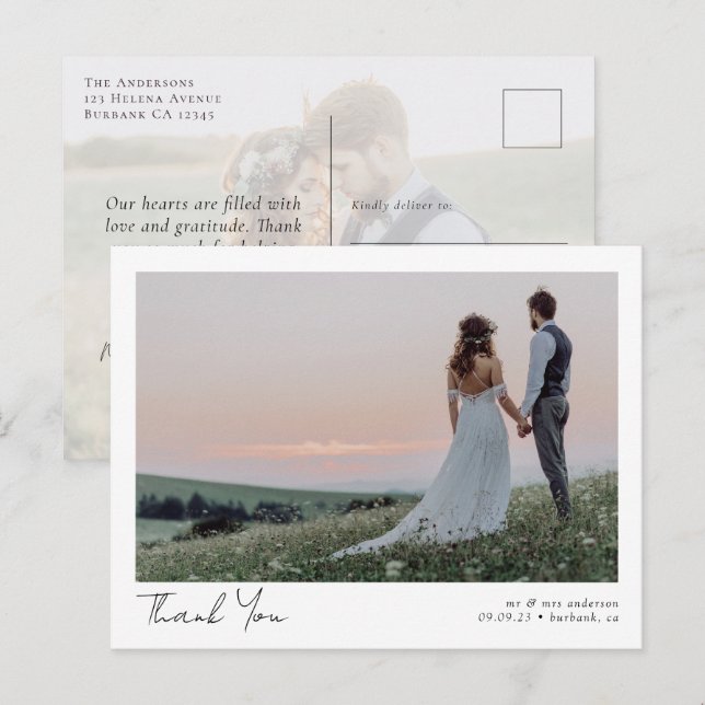Elegant Calligraphy Photo Wedding Thank You Postcard (Front/Back)