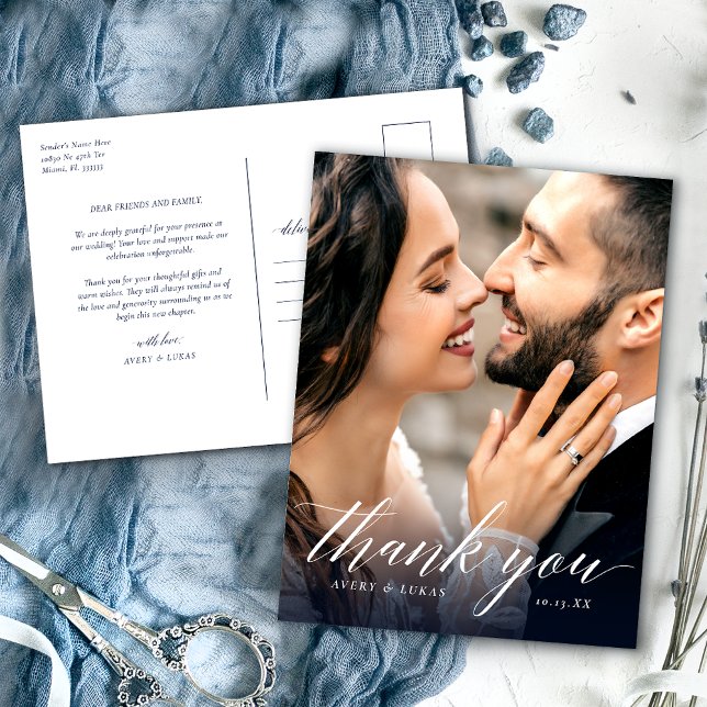 Elegant Calligraphy Photo Wedding Thank You  Postcard (Creator Uploaded)