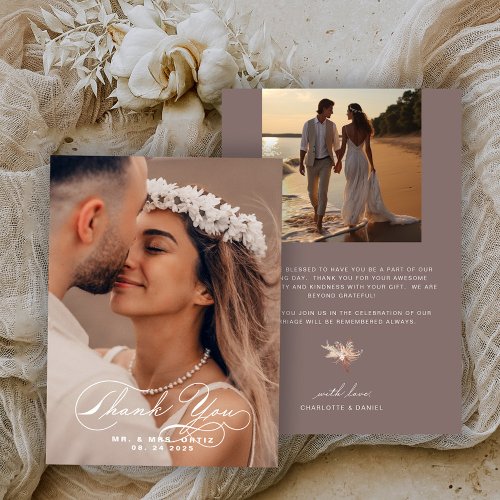 Elegant Calligraphy Photo Wedding Umber Color Thank You Card