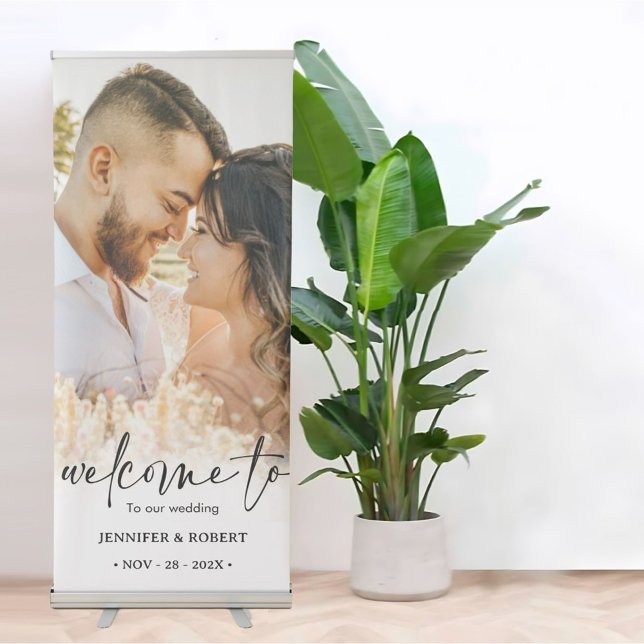 Elegant Calligraphy Photo Wedding Welcome Retractable Banner (Elevate your wedding welcome with our elegant photo retractable banner)