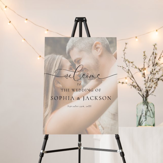 Elegant Calligraphy Photo Wedding Welcome Sign (In Situ (Stand))