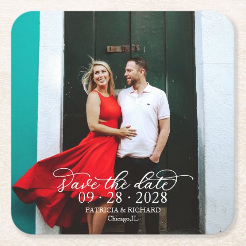 Elegant Calligraphy Photo White Text Save the Date Square Paper Coaster