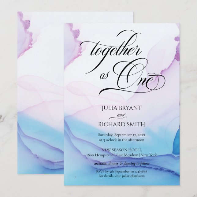 Elegant Calligraphy Pink Blue Watercolor Modern In Invitation (Front/Back)