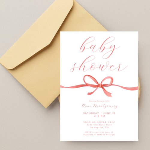Elegant Calligraphy Pink Bow Girls Baby Shower Invitation