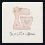 Elegant Calligraphy Pink Cake Mixer Stone Coaster<br><div class="desc">A cute pink cake mixer with flowers decorates this kitchen coaster. Personalize it with your name. Designed for you by Blackberry Boulevard.</div>