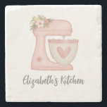 Elegant Calligraphy Pink Cake Mixer Stone Coaster<br><div class="desc">A cute pink cake mixer with flowers decorates this kitchen coaster. Personalize it with your name. Designed for you by Blackberry Boulevard.</div>