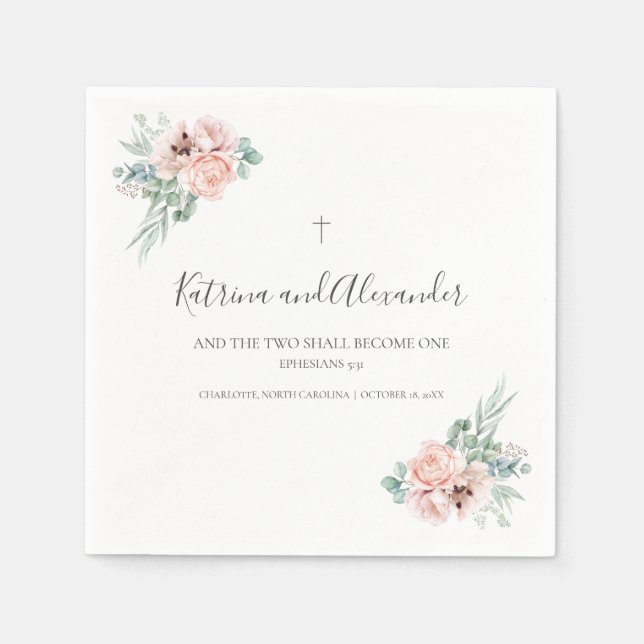 Elegant Calligraphy Pink Floral Wedding Cocktail Napkins (Front)