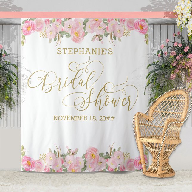 Elegant Calligraphy Pink Gold Floral Bridal Shower Tapestry (Creator Uploaded)