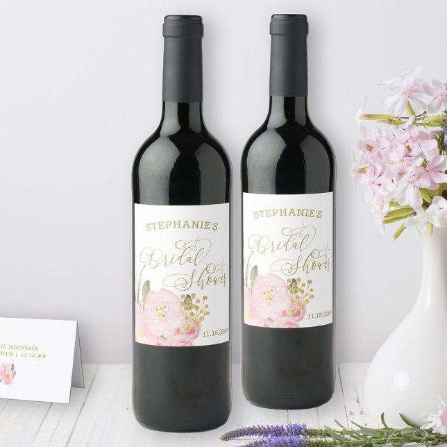 Elegant Calligraphy Pink Gold Floral Bridal Shower Wine Label (Bridal Shower wine bottle labels from my Pink and Gold Watercolor Floral Collection)