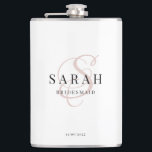 Elegant Calligraphy Pink Monogram Bridesmaid Gift Flask<br><div class="desc">This lovely custom bridesmaid flask features personalized bridesmaid's name,  calligraphy monogram in light pink color,  bride and groom's names,  and wedding date. You can easily change the background and fonts colors to match your event if you like.</div>