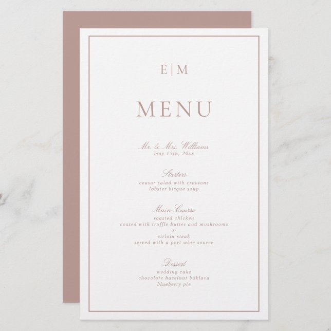 Elegant Calligraphy Pink Monogram Wedding Menu (Front/Back)