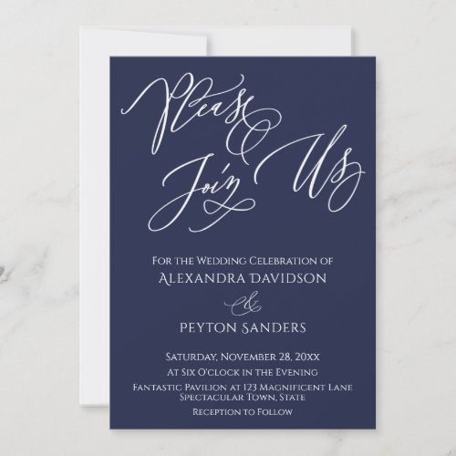 Elegant Calligraphy Please Join Us Navy Wedding Invitation