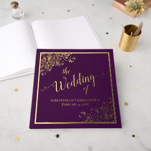 Elegant Calligraphy Plum Purple Gold Foil Wedding Guest Book