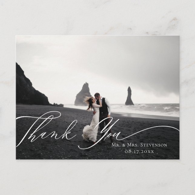 Elegant Calligraphy Plum Wedding Photo Thank You Postcard (Front)