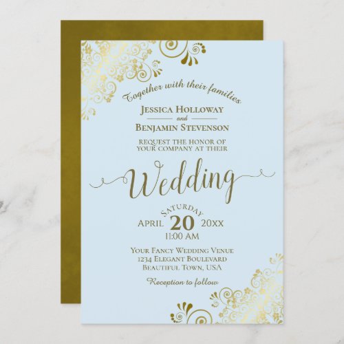 Elegant Calligraphy Powder Blue  Gold Wedding  Invitation