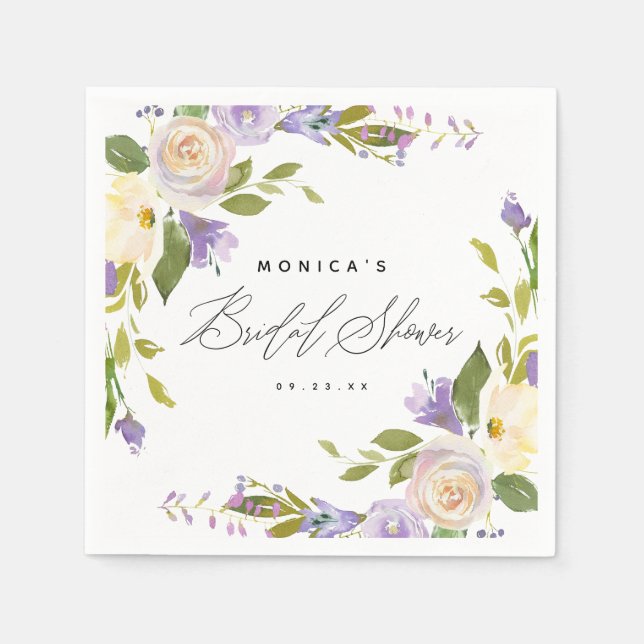 Elegant Calligraphy Purple Floral Bridal Shower Napkins (Front)