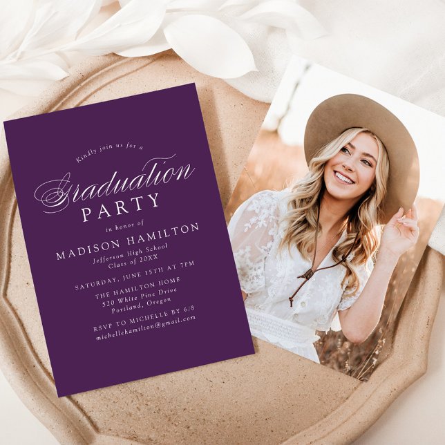 Elegant Calligraphy Purple Photo Graduation Party Invitation (Creator Uploaded)