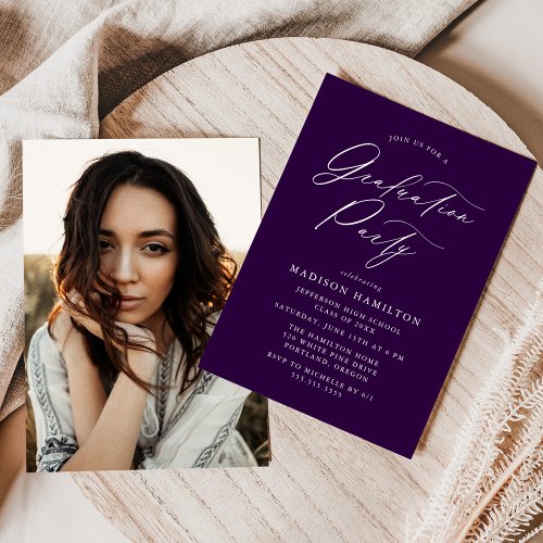 Elegant Calligraphy Purple Photo Graduation Party Invitation