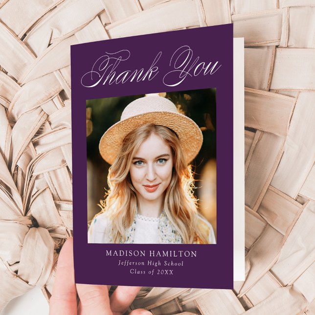 Elegant Calligraphy Purple Photo Graduation Thank You Card (Creator Uploaded)