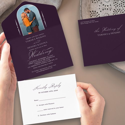 Elegant Calligraphy Purple Photo RSVP Wedding All In One Invitation