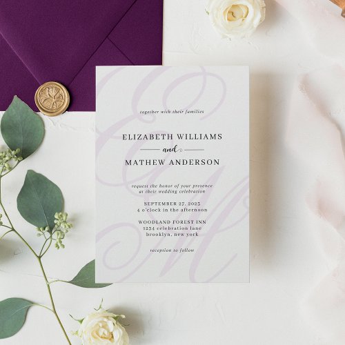 Elegant Calligraphy Purple Violet Monogram Wedding Invitation