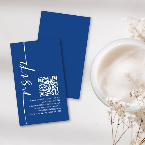 Elegant Calligraphy QR Code Blue Wedding RSVP  Enclosure Card