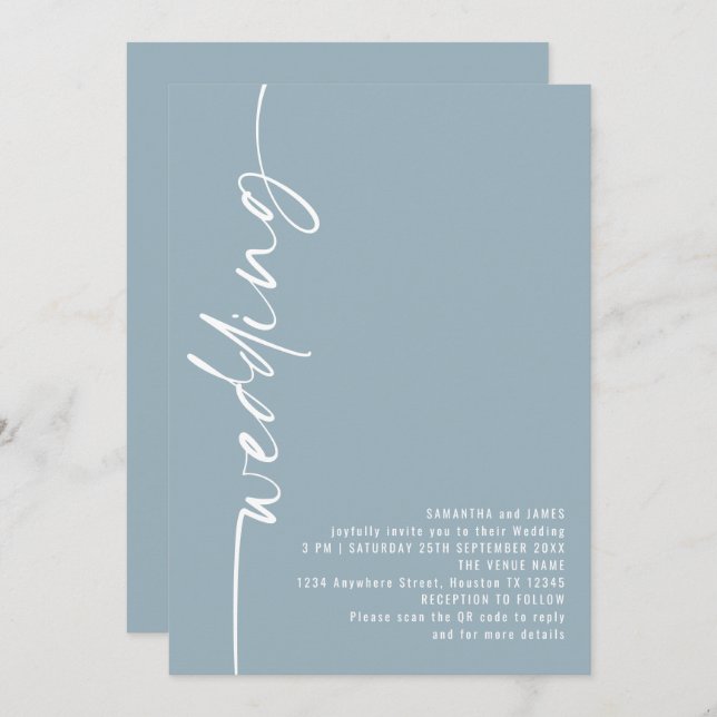 Elegant Calligraphy QR Code Dusty Blue Wedding  Invitation (Front/Back)