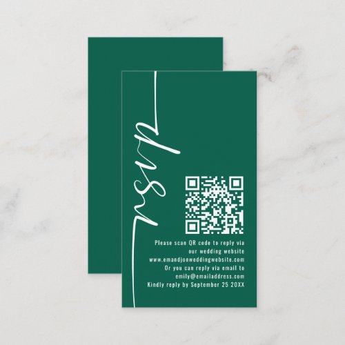 Elegant Calligraphy QR Code Emerald Wedding RSVP  Enclosure Card