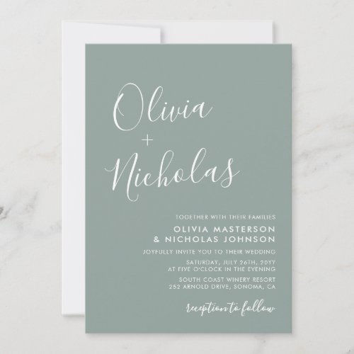 Elegant Calligraphy QR Code Sage Green Wedding Invitation