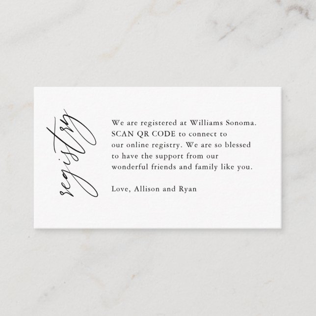 Elegant Calligraphy QR Code Wedding Registry Gift Enclosure Card (Front)