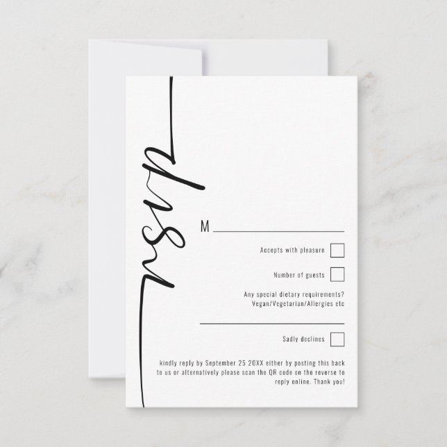 Elegant Calligraphy QR Code Wedding RSVP Note Card (Front)
