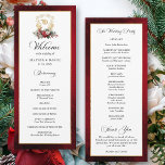 Elegant Calligraphy Red and Gold Wedding Program<br><div class="desc">Timeless and elegant yet festive holiday-themed wedding program card featuring classic hand-drawn gold floral crest accented by a colorful spray of red and white Christmas flowers and evergreens. This custom formal template includes editable text fields as well as custom calligraphy text graphics and a gold textured border. The outside border...</div>