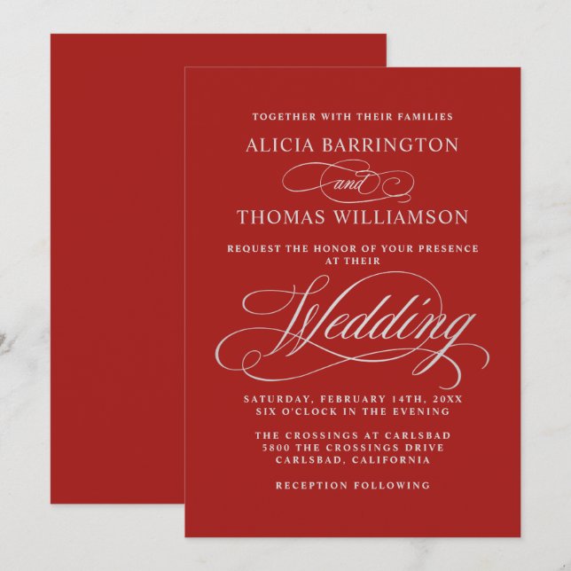 Elegant Calligraphy Red and Silver Wedding Invitation (Front/Back)