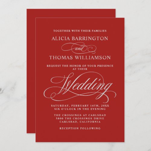 Elegant Calligraphy Red and Silver Wedding Invitation