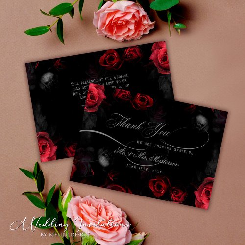 Elegant Calligraphy Red Black Floral Wedding Thank You Card