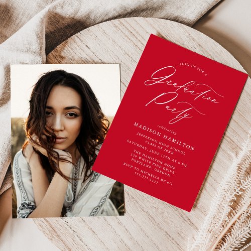 Elegant Calligraphy Red Photo Graduation Party Invitation