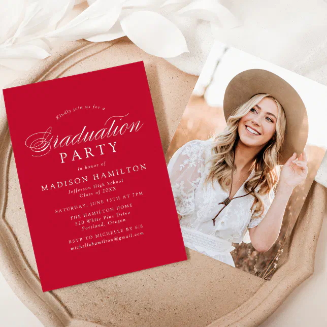 Elegant Calligraphy Red Photo Graduation Party Invitation | Zazzle