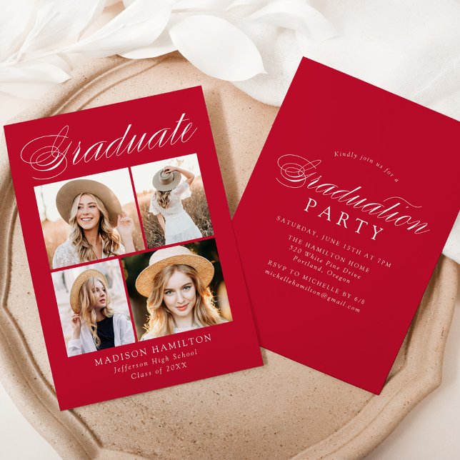 Elegant Calligraphy Red Photo Graduation Party Invitation (Creator Uploaded)