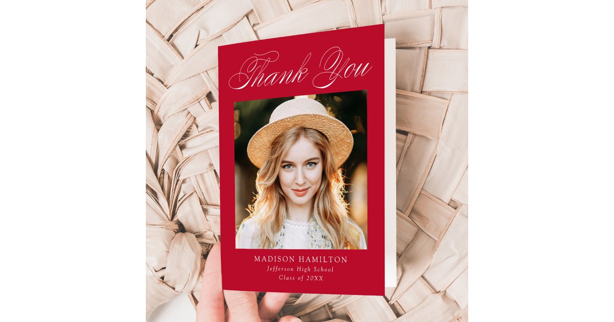 Elegant Calligraphy Red Photo Graduation Thank You Card | Zazzle