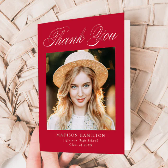 Elegant Calligraphy Red Photo Graduation Thank You Card | Zazzle