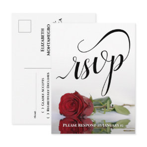 Elegant Calligraphy & Red Rose Wedding RSVP Postcard