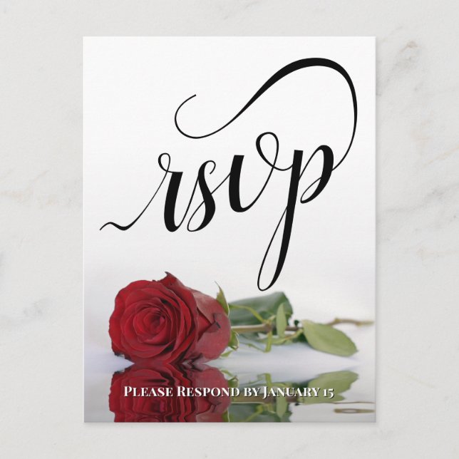 Elegant Calligraphy & Red Rose Wedding RSVP Postcard (Front)