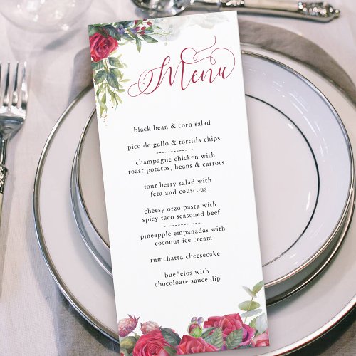 Elegant Calligraphy Red Roses and Eucalyptus Menu