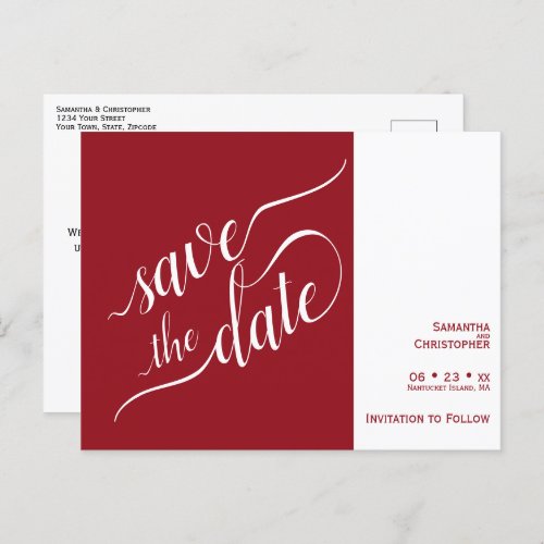 Elegant Calligraphy Red Wedding Save the Date Announcement Postcard