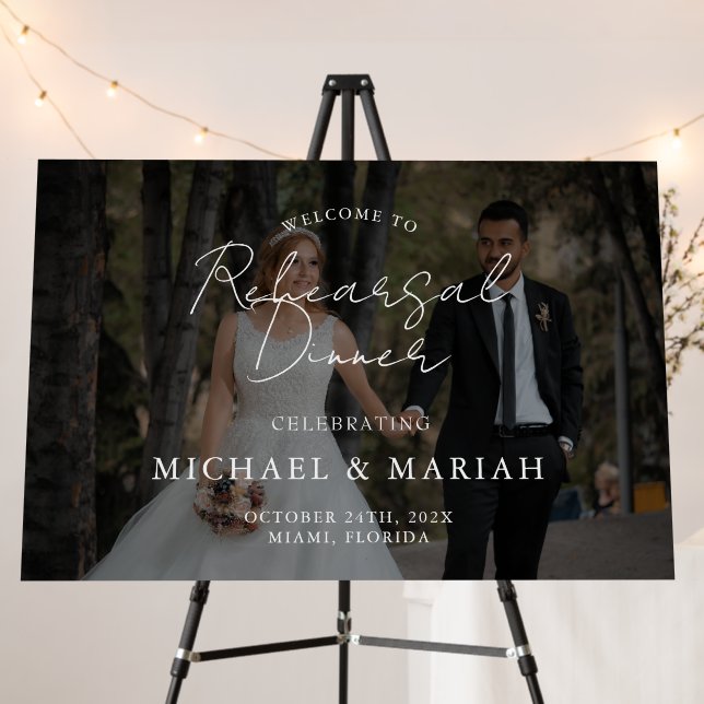 Elegant Calligraphy Rehearsal Dinner Photo Foam Board (In Situ (Stand))