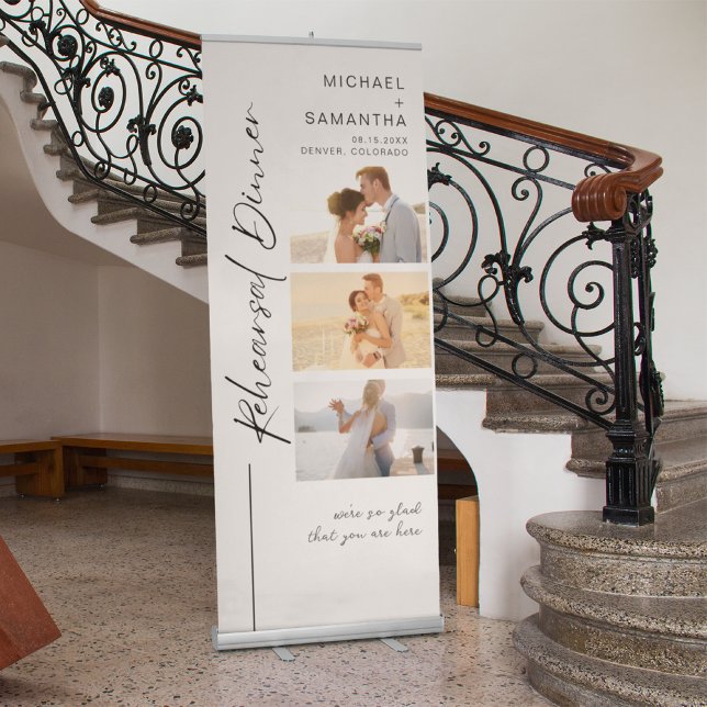 Elegant Calligraphy Rehearsal Dinner Photo Welcome Retractable Banner (Creator Uploaded)