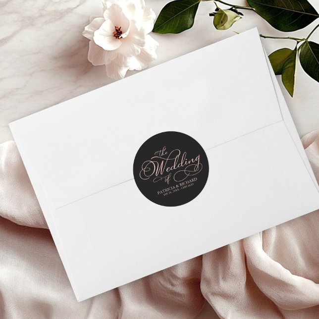 Elegant Calligraphy Rose Gold Black Wedding Classic Round Sticker (Creator Uploaded)