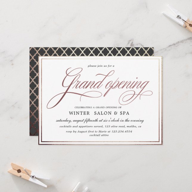 elegant calligraphy rose gold Grand Opening Invitation (Front/Back In Situ)